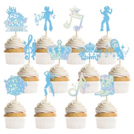 24Pcs Dance Queen Cupcake Toppers, Blue Disco Ball & Music Note Cupcake Decorations, Girl's 17th Birthday Party Supplies, Vintage Disco Theme