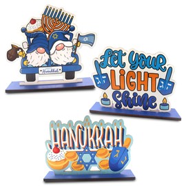 3PCS Hanukkah Table Decorations Decor, Wooden Chanukkah Table Centerpiece Set Dreidel Star of David Menorah Gnomes Centerpieces Table Decorations for Home Party Jewish Christmas Chanukah Decor