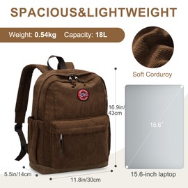 RAVUO Corduroy Backpack for Men Women Unisex School Bag Lightweight Casual Teens Bookbags High School Daypack for Travel College Work (Brown)