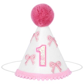 Yoolhamy 1st Birthday Hat for Baby Girls Boys, Boho First Birthday Hat, Handmade One Birthday Crown Conical Cap Decorations (Pink Bow)