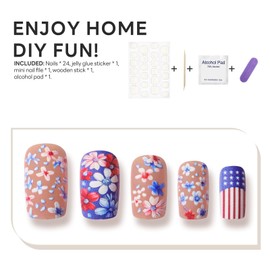 24 Pcs Medium Coffin Press on Nails Independence Day Fake Nails with Blue Red Flowers and Five-Pointed Star Designs Glossy False Nails Full Cover Acrylic Nail for Holiday Nail Art