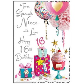 Niece 16th Birthday Card - Cupcake and Presents with Glitter & Silver Foil 9"x6"