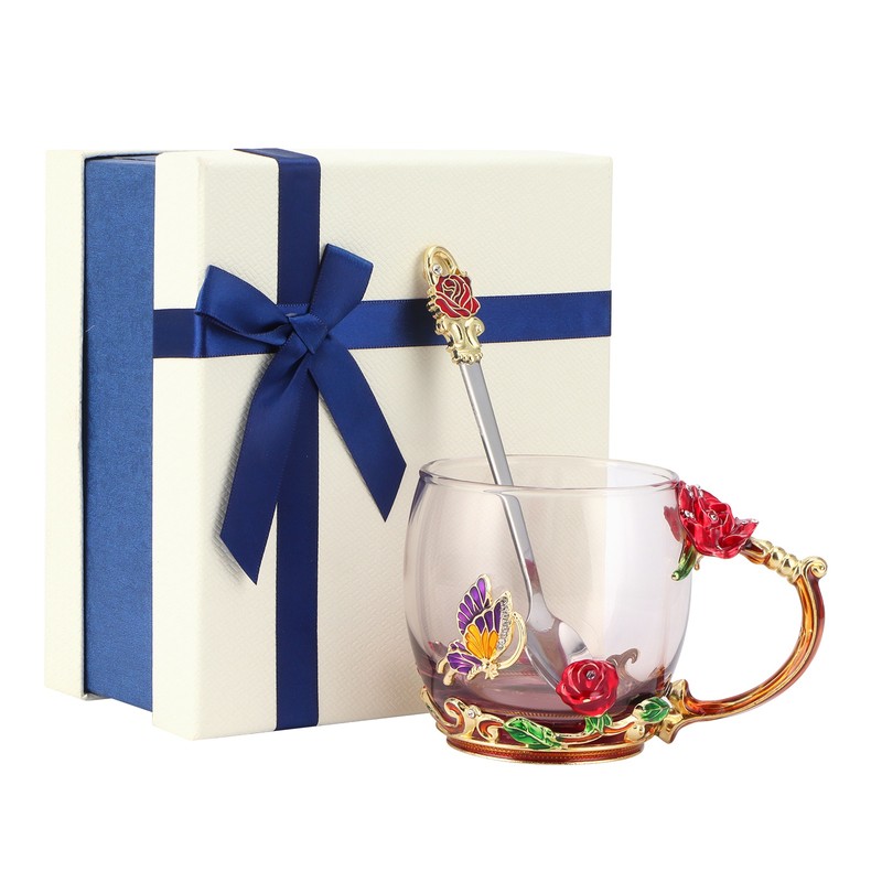 Glass Cup Innovative Flower Tea Cup with Spoon Drink Mug