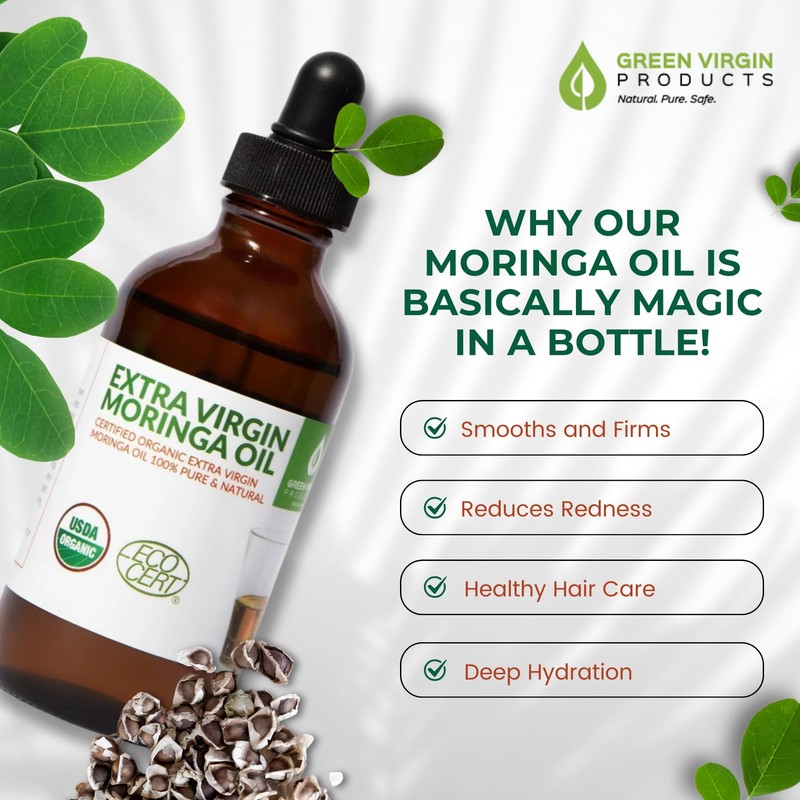 Organic Moringa Oil, Cold Pressed, Extra Virgin, 100% Pure, Food