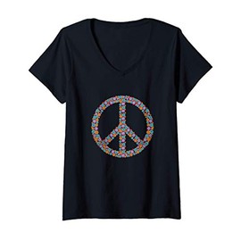 Womens Peace Sign Flower Hippie Boho Design Floral Peace Vintage V-Neck T-Shirt