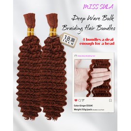 Deep Wave Bulk Braiding Hair Extensions-18 Inches 4 Bundles Ginger Synthetic Curly Hair Bundle for Braiding,No Weft Braids for Human（18"-4 Bundles,350#）