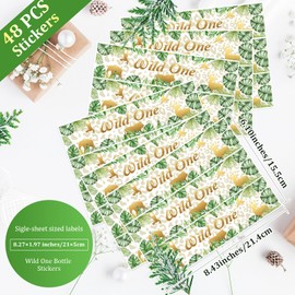 48 Pieces Wild One Water Bottle Sticker Greenery Jungle Animals Favor Stickers Jungle Themed Water Bottle Labels for Wild One Themed Birthday Party Decorations (8.27 x 1.97 inch)
