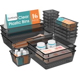 StorMiracle 16 PCS Drawer Organizer Set, 5 Varied Size Bathroom and kitchen Drawer cabinet organizer Trays, Clear Storage Bins for Makeup, Jewelry, Utensils and Gadgets, Black