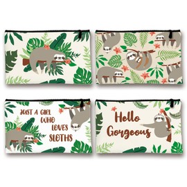 INFUNLY 4PCS Cartoon Sloth Canvas Cosmetic Bags Green Leaf Canvas Makeup Bags Travel Cosmetic Inspirational Pouch with Zippers Cotton Toiletry Pouches for Bridesmaid Women Girl, Multi-color