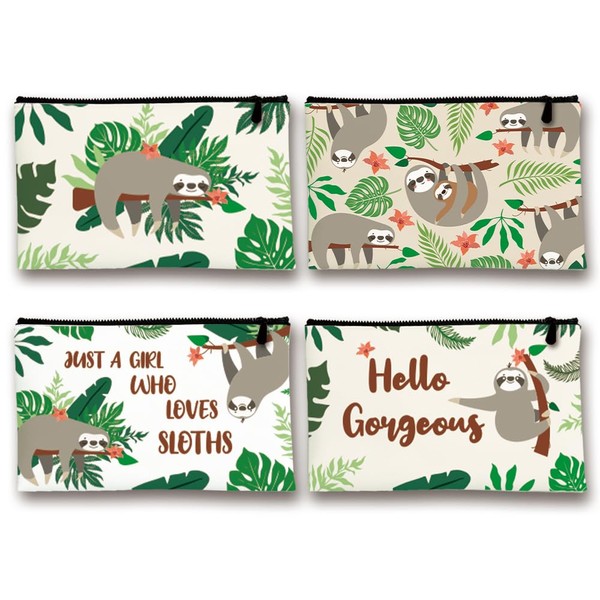 INFUNLY 4PCS Cartoon Sloth Canvas Cosmetic Bags Green Leaf Canvas