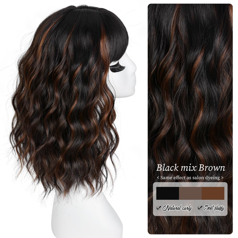 RUNM Short Bob Wavy Wigs for Women Black Mix Brown
