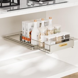 Under Sink Organizer,Pull out Cabinet Organizer, Heavy Duty Slide out Pantry Shelves Drawer Storage, Sturdy Metal Bathroom Storage with Wooden Handle for Kitchen, Bathroom,Home 1 Pack Grey
