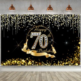 70th Birthday Party Decoration, Extra Large Black Gold Sign Poster 70th Birthday Party Supplies, 70th Birthday Banner Photo Booth Happy Birthday Backdrop Background, 72.8 x 43.3 Inch