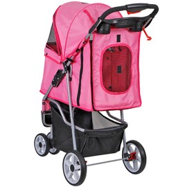 JungleA Foldable Pet Stroller for Cats Dogs,3 Wheel Jogger Stroller for Small to Medium Pets,Lightweight & Portable & Durable Pet Stroller with Weather Cover, Storage Basket and Cup Holder,Pink