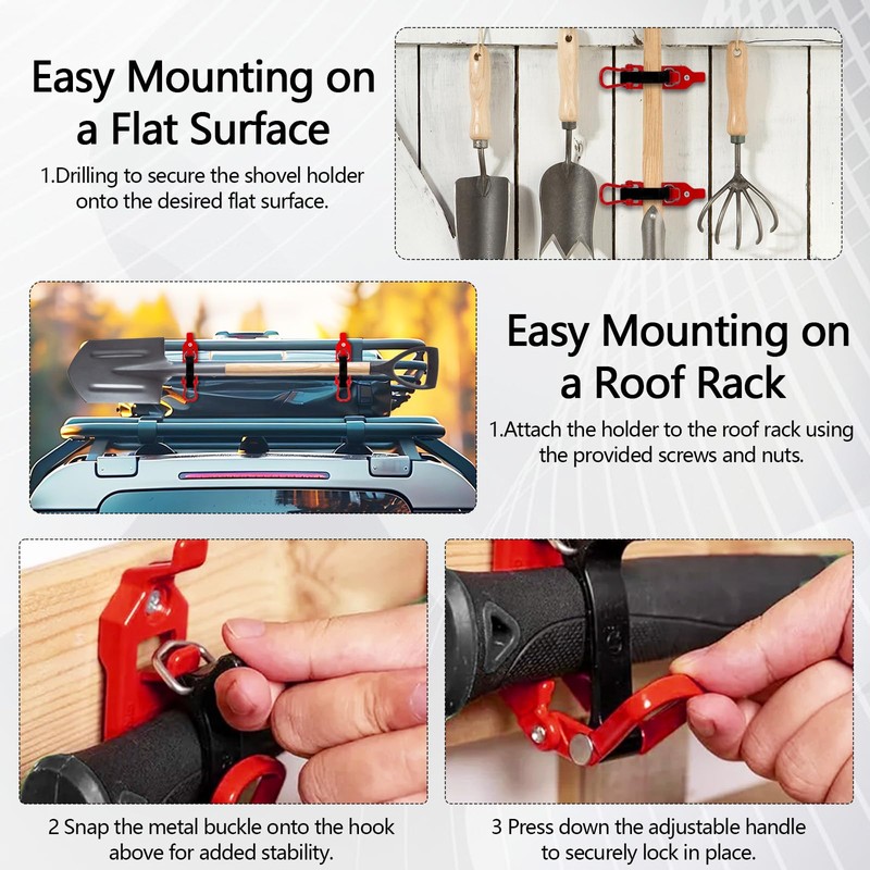 Yisowy Shovel Mounts for Roof Rack, Metal Rubber Clamps, Wall