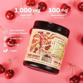 Earth Fed Muscle Stim-Free Stammpede Pre Workout, Sour Cherry, Stimulant and Caffeine Free, Boosts Energy, Endurance and Focus - Lion's Mane and Taurine - Soy Free, Gluten Free, Vegan - 30 Servings