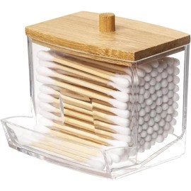 XINCHENG Cotton Bud Holder, Q-tip Dispenser for Bathroom Vanity Cotton Swabs, Cotton Swab Dispenser with Bamboo Lids, Makeup Organizer Box for Cotton Buds and Cosmetics