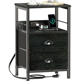 Furologee Nightstand with Charging Station, Black Night Stand with 2 Fabric Drawers, Side Table with USB Ports, End Table with Storage Shelf, for Living Room/Bedroom, Black Oak