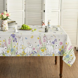 Horaldaily Easter Tablecloth 60×60 Inch, Wildflowers Bunnies Spring Washable Table Cover for Party Picnic Dinner Decor