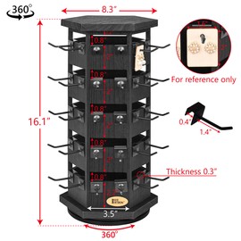 Ikee Design Free Assembly Natural Wood Hexagon 6 sided Rotating Jewelry Display Stand Tower,60 Removable Metal Hooks,Earring Display Stand Tower,Keychain Display Stand for Selling,Showcase,Black Color