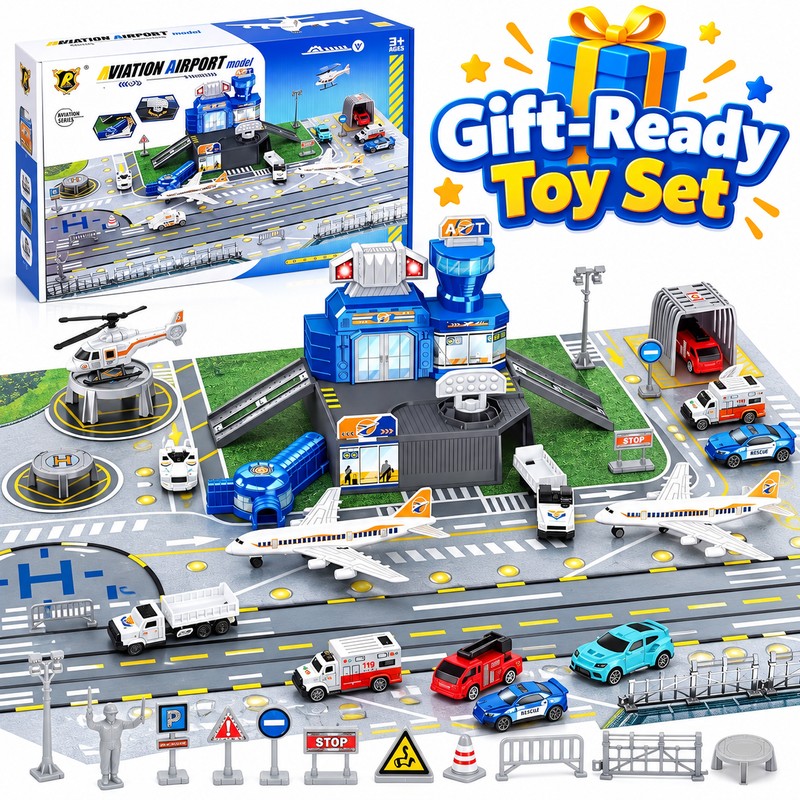 Airplane Toy Set with Helicopter, Trucks & Airport Playmat –