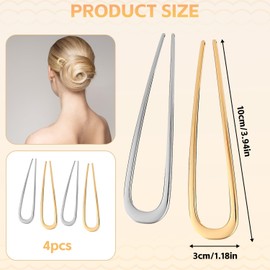 French Hair Pin Set of 4, U-Shaped French Twist Hair Pins for Updos & Low Buns, Gold/Silver Metal Hairpins for Women Girls All Hairstyle