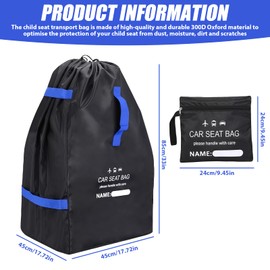 LEKEFETO Transport Bag Child Seat, Gate Check Travel Bag for Air Travel, Child Seat Transport Bag, Transportable Travel Bag, for Prams, Buggies, Child Seat - 85 x 45 x 45 cm - Black + Blue