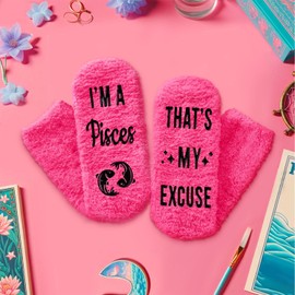 HAPPYPOP Pisces Zodiac Birthday Gifts for Women - Astrology Constellation Horoscope Gifts for Teen Girls, Fuzzy fuzzy Space Galaxy Pisces Socks