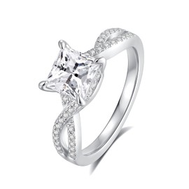 ZHOANLE Moissanite Engagement Rings for Women Princess Cut 925 Sterling Silver with 18K White Gold Plated Twisted Rope Wedding Rings Eternity Rings for party for Her Christmas Gift(7.5)