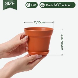 T4U 4 Inch Plant Pots 8-Pack - Small Plastic Planter with Drainage Hole and Saucer, Decorative Nursery Pot Bulk for African Violet, Snake Plant, Succulent and All House Plants Indoor, Terracotta