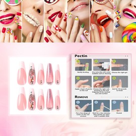 Rchovsam Xl Pink Nails Press on Long Coffin False Nails Butterfly with Diamond Design Fake Nails French Diamond Stick on Nails Gift for Women 24pcs