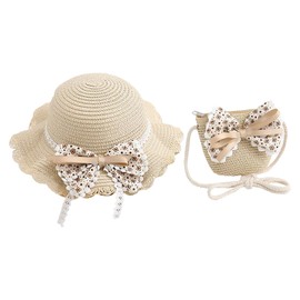 LYING Straw Hat, Kids Hat, Girls, Summer Cute, Bowknot, Sun Hat, Crossbody Bag, Pochette, Stylish, Princess-Style, 2-Piece Set, UV Protection, Sunscreen, For Beaches, Excursions, Traveling, Girls