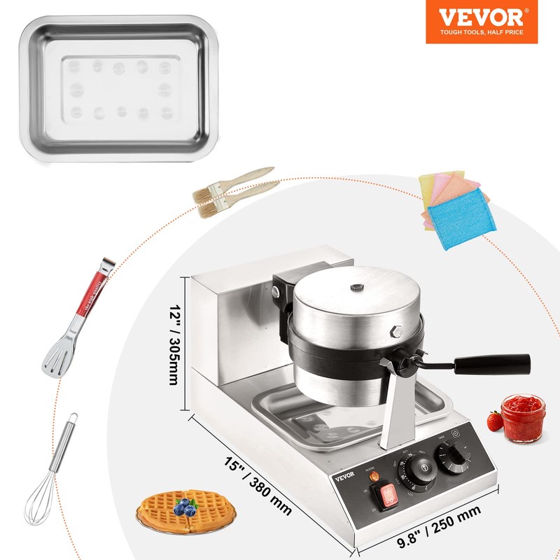 VEVOR Commercial Waffle Maker, 1300W Round Waffle Iron, Non-Stick Rotatable