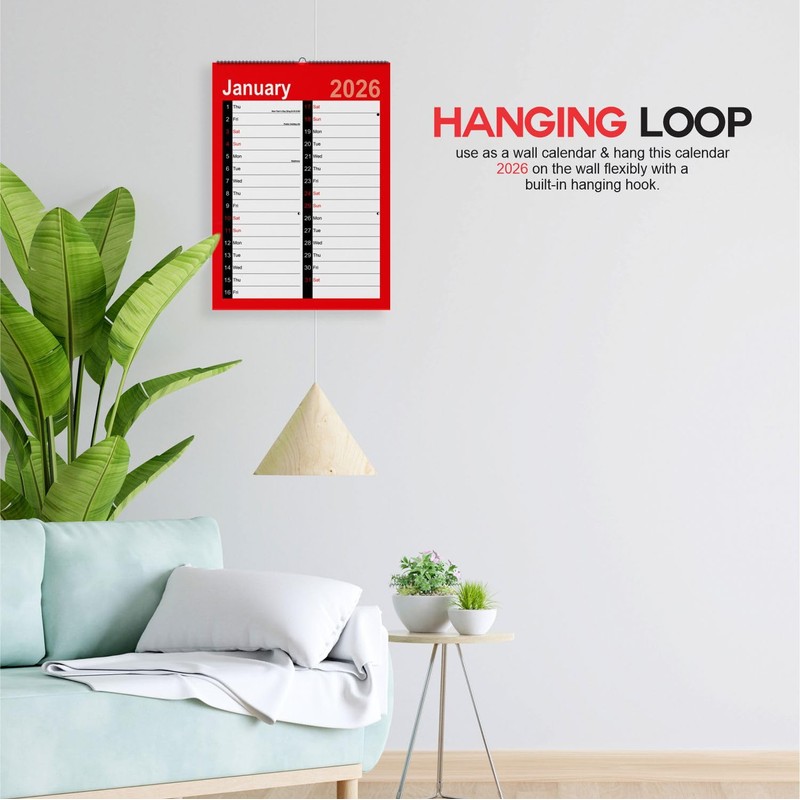 2026 Wall Calendar A4 Month to view A4 Red and