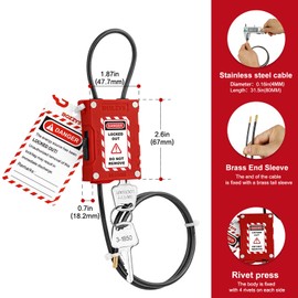 BOZZYS Adjustable Cable Locks with 2 Keys, 3-Pack Red Loto Safety Lockout Padlocks,Plastic Body for Lock Out Tag Out Stations and Devices,with Plastic-Coated Stainless Steel Cable(L31 xDia.0.16")