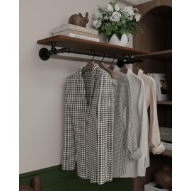 TEDIDUWA Clothes Rack 36in, Wall Mounted Garment Rack with Real Wood Shelf, Heavy Duty Hanging Clothes Rack, Multi-Purpose Hanging Rod, Space-Saving Closet Storage (1T36IN)