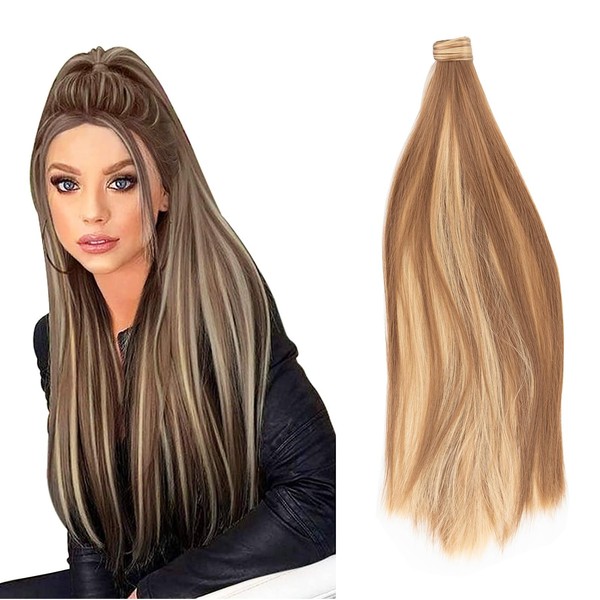 JJstar 70cm Straight Ponytail Extension, Clip-in Wrap Around Synthetic Hairpiece