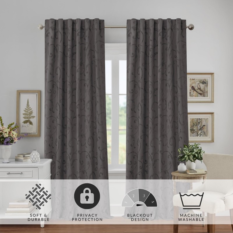 Elrene Home Fashions Mia Jacquard Scroll Blackout Window Curtain, 52"