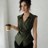 Women's Satin Wrap Blouse Dark Green Collared Sleeveless Tie Waist