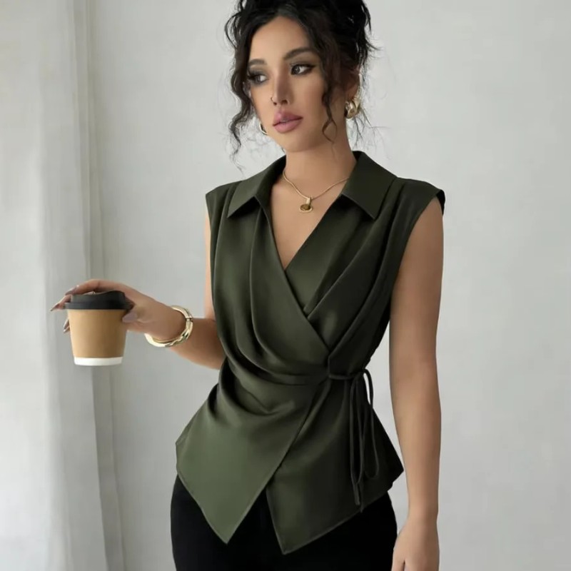 Women's Satin Wrap Blouse Dark Green Collared Sleeveless Tie Waist
