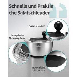 SveBake 5.3-Qt Stainless Steel Salad Spinner with Stop Button, BPA-Free Vegetable Salad Spinners, Transparent Lid and Drain Hole, Non-Slip Base, Dishwasher Safe Salad Spinner