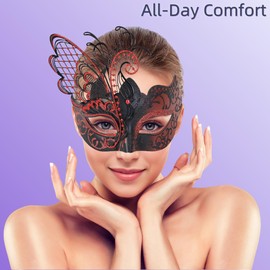 Ubauta Red/Black Butterfly Rhinestone Metal Venetian Women Mask for Masquerade/Mardi Gras Party/Sexy Costume Ball/Wedding