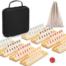 Christmas Games Gifts, 2-8 Players Rummy Board Game Set, 214 Melamine Tiles, 8 Wooden Racks, Drawstring Bag, Premium Portable Case, Tile Board Games for Adults, for Men Women Dad Mom