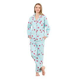 HEARTNICE Women's 100% Cotton Long Sleeve Pajama Set, 2-Piece Cozy Flannel Print PJs Button Up Ladies Sleepwear (Light Blue Heart, 2XL)