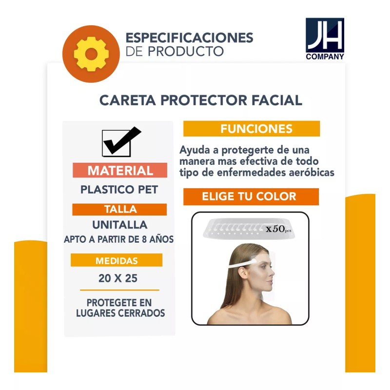 Careta Protector Facial Anti Empañante Mascarilla 50pz