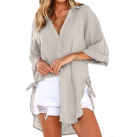 Bozanly Casual V Neck 3/4 Sleeve Button Down Shirts High Low Oversized Summer Beach Blouse Tops for Women (0057-Khaki-S)