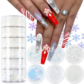 Christmas Nail Art, 6 Boxes Holographic Snowflake Nail Art Glitters Flakes with Glitter Powder Laser White Snowflake Winter Christmas Nail Design for Acrylic Nails