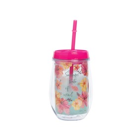 C&F Home Summer State Of Mind 12Oz Insulated Tumbler Travel Cup With Straw Tropical Flower Drinkware 3.5" x 3.5" x 5.75" Pink