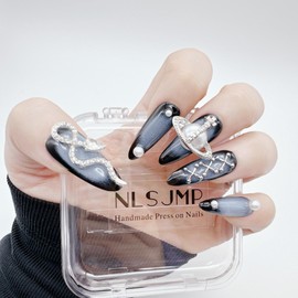 NLSJMP,10Pcs,Size M, 3D Handmade Long Stiletto Press on Nails Almond Ombre Acrylic Fake Nails Kit,Reusable False nails,Rhinestone Pearl Design Nail Art Kit,Include Toolkit,Snake
