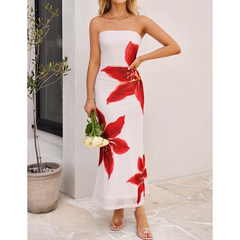 ZESICA Womens Summer Floral Strapless Maxi Dress 2026 Off Shoulder